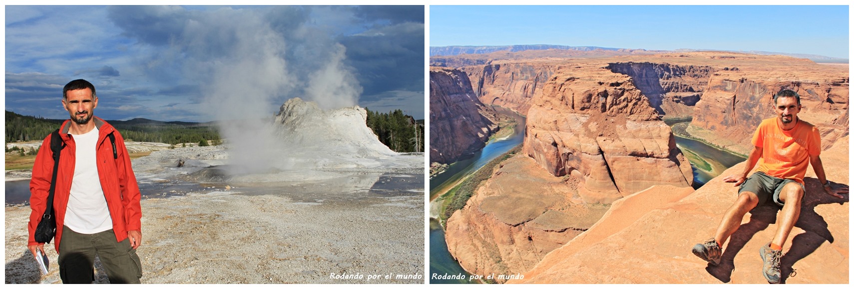 César junto a un geyser en Yellowstone National Park, y en Horseshoe Bend (Arizona).