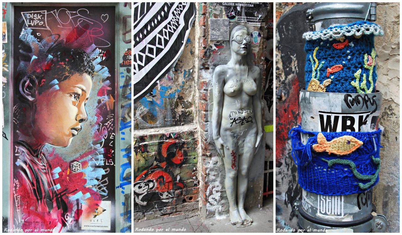 Un ejemplo del arte urbano que aquí se encuentra: desde grafittis y collages a esculturas. ¡Incluso hay fundas de ganchillo para los desagües!