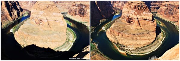 A la izquierda está la foto a primera hora de la mañana. Las sombras cubren parcialmente el río y los colores no son tan intensos como bajo el sol del mediodía.
